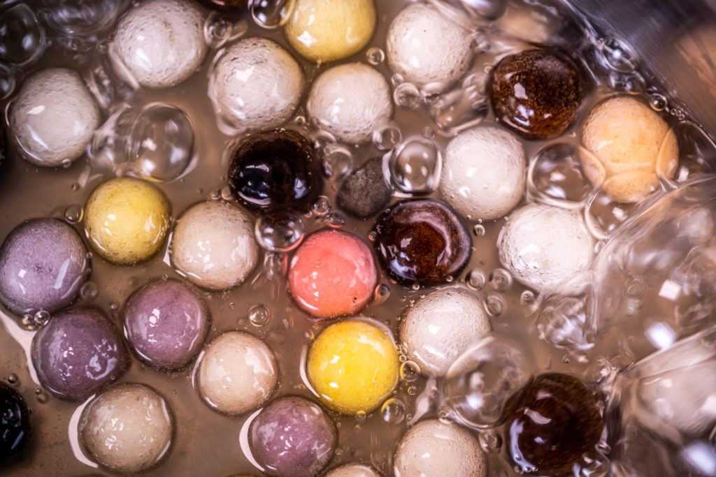 rainbow boba balls in the process of cooking